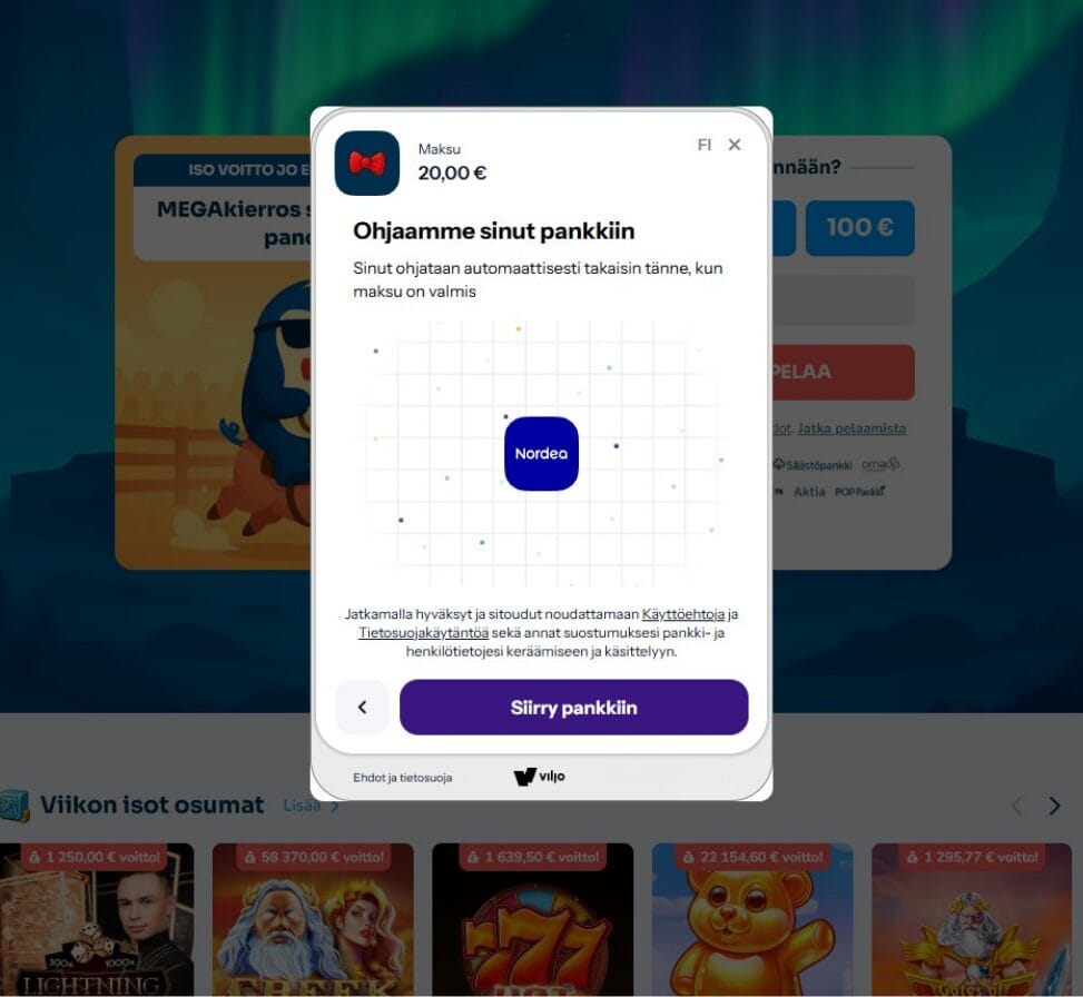 Verkkopankin kirjautumisn&auml;kym&auml; avautuu uudelle v&auml;lilehdelle Viljo-maksun vahvistamiseksi pankkitunnuksilla.
