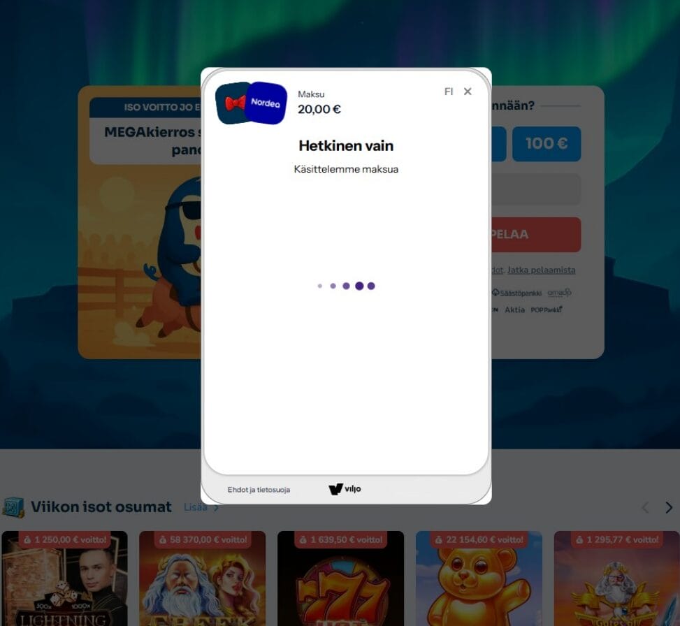 Onnistunut talletuksen vahvistus pankin sovelluksella ja siirtyminen kasinopeleihin.