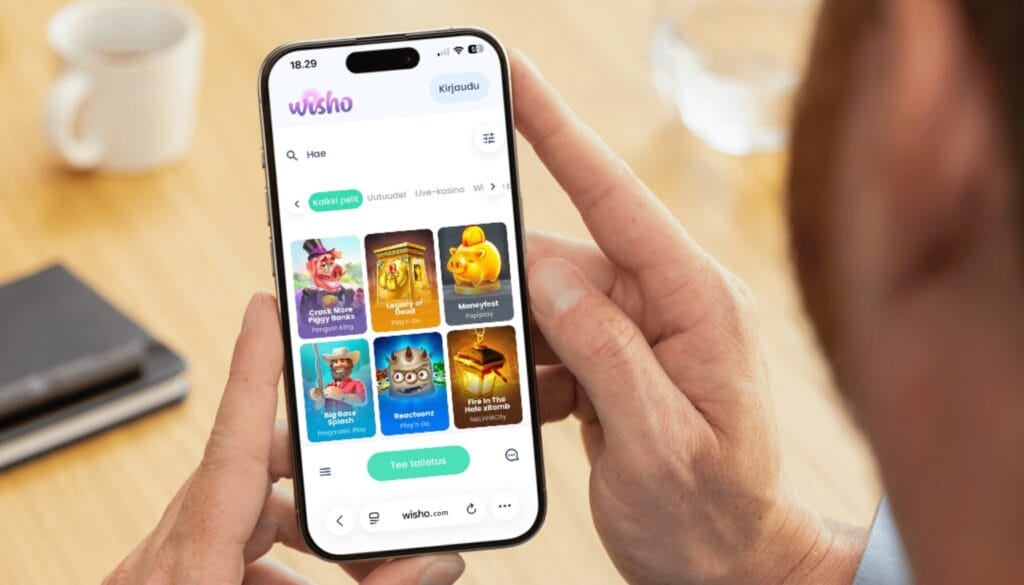 Wisho Casino mobiilissa Wisho Casinon mobiilikäytettävyys ja valikot testissä.
